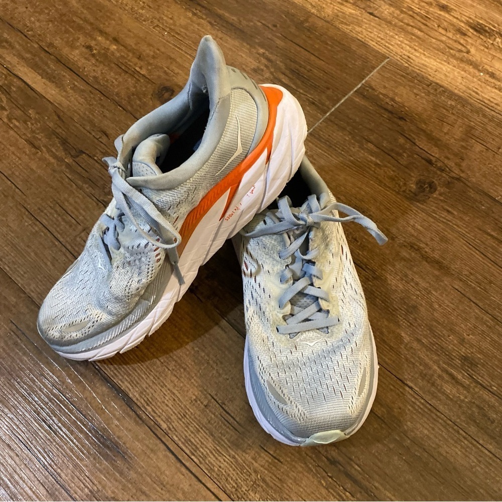 HOKA ONE Clifton 8 Gray and Orange Sneakers